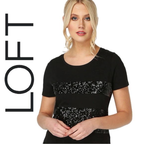 LOFT Sequin Bling Sparkly Fancy 100% Cotton Tee T-Shirt Top Blouse Sz S - Picture 1 of 10